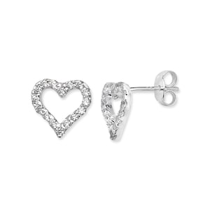 Aeon Real Sterling Silver Heart Earrings Studs with Cubic Zirconia.   10mm * 9mm 925 Silver Heart Studs