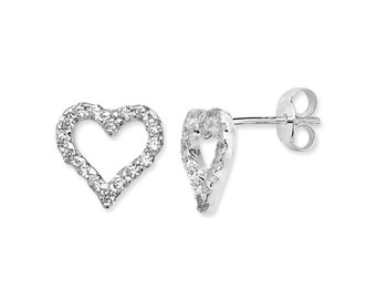 Aeon Real Sterling Silver Heart Earrings Studs with Cubic Zirconia.   10mm * 9mm 925 Silver Heart Studs