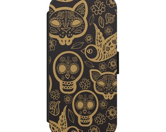 Sugar Skull Art Tattoo Mandala Pattern PU Leather Wallet Phone Case Cover for iPhone Samsung Huawei