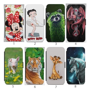 May include: Eight different phone cases with various designs. The cases are black with a white border and feature images of Mickey Mouse, Betty Boop, a raccoon, a dragon, a pig, a tiger, a giraffe, and a wolf.