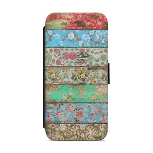 Vintage Floral Wallpaper Wooden Effect Pattern Wallet Phone Case Cover for iPhone Samsung Huawei