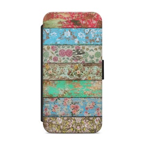 Funda tipo cartera con diseño de efecto madera y papel pintado floral vintage para iPhone, Samsung y Huawei.