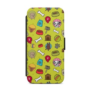 Könnte beinhalten: Eine grüne Handyhülle mit einem sich wiederholenden Muster aus Hunden, Knochen, Hundehütten, Hundefutterbeuteln, Hundenäpfen und Bällen. Die Hunde sind alle verschiedener Rassen und im Cartoon-Stil gezeichnet.