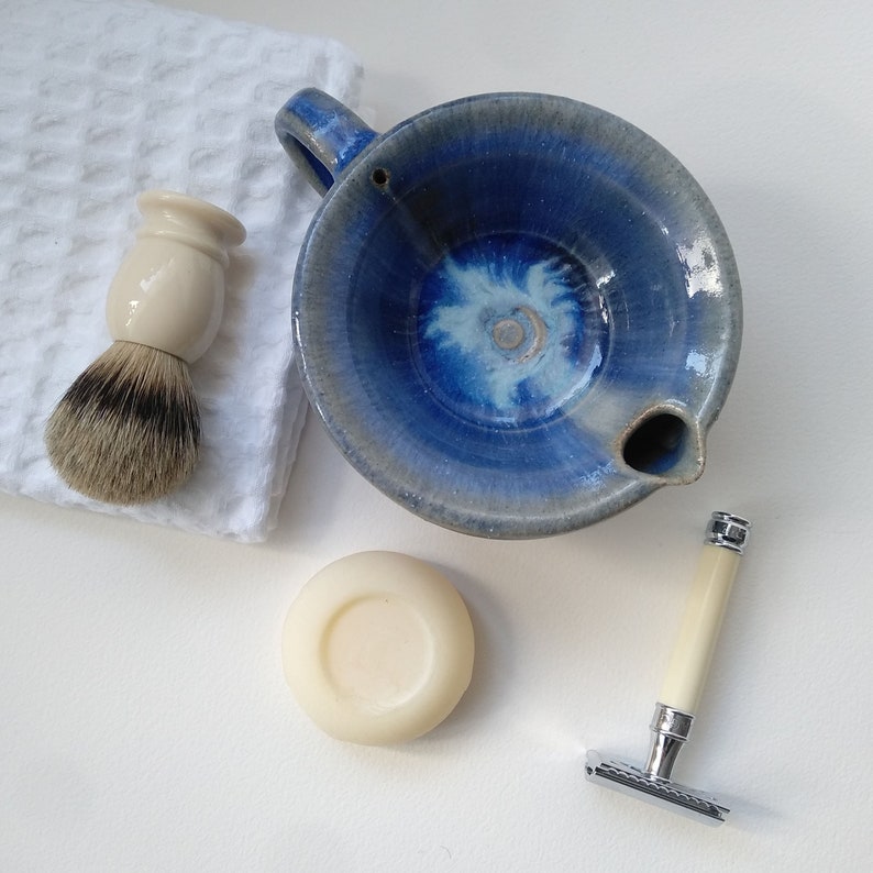 Woodfired Shaving Scuttle. Blue Glossy Ceramic Shaving Bowl for Wet