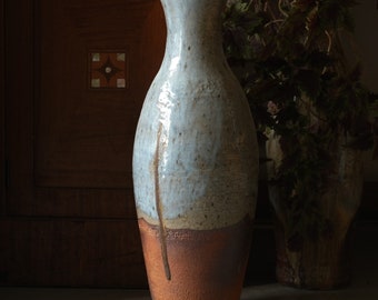Big woodfired stoneware vase light blue ash glaze. Big wood fired vase. Pottery vase. Unique ceramic vase