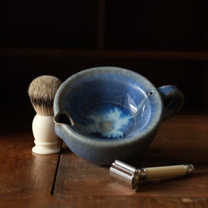 Woodfired Blue Ceramic Shaving Scuttle: Stoneware Wet Shave Bowl