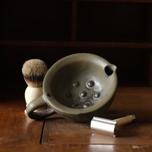 Woodfired Ceramic Shaving Scuttle: Moss Green Stoneware Wet Shave Bowl