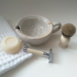 White sugary shaving scuttle. Woodfired ceramic shaving bowl for wet shaving. Wheelthrown wet shave cup. Unique stoneware shino bowl