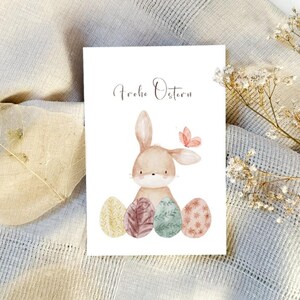 Simpatica cartolina di Pasqua con coniglietto per la famiglia e gli amici, allegra cartolina di auguri con coniglietto pasquale e uova di Pasqua colorate A6, cartolina per bambini
