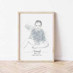 Retrato digital de bebé a partir de una foto, cuadro infantil en acuarela para el bautismo, póster de arte lineal digital, regalo de nacimiento, recuerdo pintado a mano