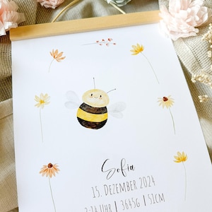 Annuncio di nascita personalizzato con acquerello, annuncio di nascita personalizzato in stile acquerello per battesimo, ricordo del bambino con ape e fiori