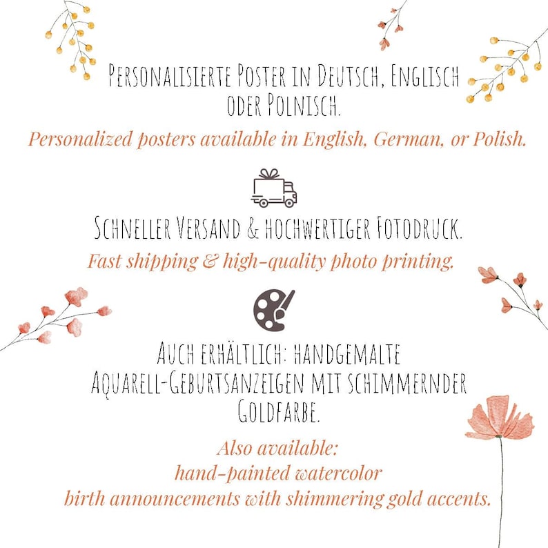 K&ouml;nnte beinhalten: Ein wei&szlig;es Poster mit Text in Deutsch, Englisch und Polnisch, das personalisierte Poster und handgemalte Aquarell-Geburtsanzeigen mit Goldakzenten bewirbt. Das Poster erw&auml;hnt auch schnellen Versand und hochwertigen Fotodruck.