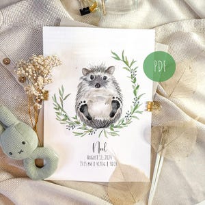 Quadretto impronte regalo per nascita, riccio con impronte, regalo per genitori in stile acquerello, souvenir per il battesimo di un bambino, PDF