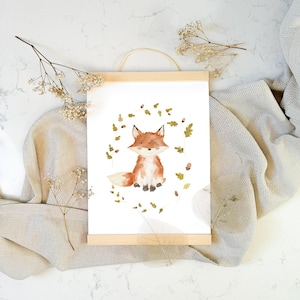 Bonita corona de zorros y plantas del bosque, gran imagen para la habitación de los niños, póster de animales de regalo para niñas y niños, bonita imagen A4 y A3