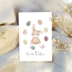 Simpatica cartolina di Pasqua con coniglietto per la famiglia e gli amici, allegra cartolina di auguri con coniglietto pasquale e uova di Pasqua colorate A6, cartolina per bambini