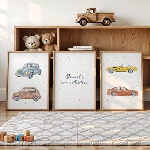 Personalisierter 3er-Set Retro-Auto-Plakate fürs Kinderzimmer, Aquarell Kinderzimmer Deko
