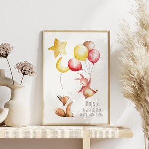 Handgeschilderd aquarelschilderij voor een kind, gepersonaliseerd geboortecadeau, doopcadeaus voor jongens, poster met geboortedata