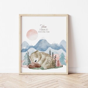Poster di animali per la cameretta dei bambini, orsetto in montagna, poster personalizzato come regalo per un bambino in stile boho, file digitale