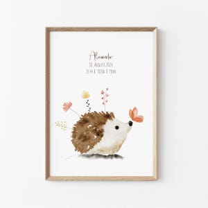 Gepersonaliseerde geboorteaankondiging met aquarel, individuele geboorteaankondiging in aquarelstijl voor doop, egel en bloemen babyherinnering