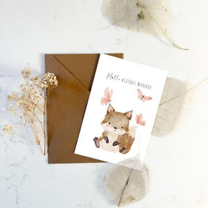 Tarjeta de nacimiento en DIN A6, linda tarjeta de bebé, perfecta como regalo para recién nacidos, mágica postal de zorro con cálidos saludos