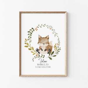 Personalisierter Geburtsposter mit Waldtieren und Blumenkranz, Fußabdruck Baby Fuchs, Geschenk zur Geburt, Dekoration Babyzimmer