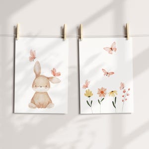 Juego de carteles de conejito con mariposas y flores, gran cuadro para la habitación de los niños, póster de animales de regalo para niña, lindo cuadro A4 y A3