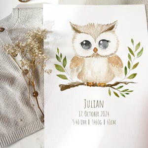 Handgeschilderd aquarel schilderij voor een kind, gepersonaliseerd cadeau voor de geboorte, doopcadeaus voor jongens, poster met geboortedata