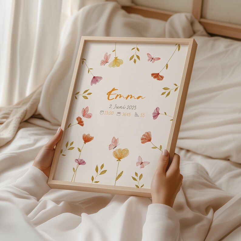 Süßes Geburtsposter fürs Kinderzimmer – Geschenk Geburt, Personalisierte Geburtstafel als Kinderzimmer Dekoration, Geburtsblumen poster Bild 3