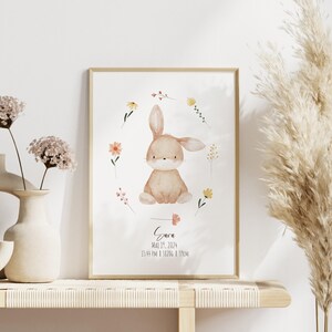 Personalisierter Geburtsposter mit Kaninchen und bunten Blumen, Geschenk  Kinder Tierposter, Geschenk für ein Kind zum ersten Geburtstag