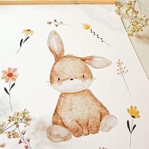 Poster nascita personalizzato con conigli e fiori colorati, poster regalo animali per bambini, regalo per un bambino per il suo primo compleanno