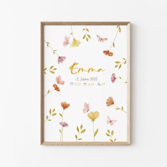 Süßes Geburtsposter fürs Kinderzimmer – Geschenk Geburt, Personalisierte Geburtstafel als Kinderzimmer Dekoration, Geburtsblumen poster