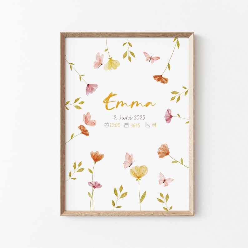 Süßes Geburtsposter fürs Kinderzimmer – Geschenk Geburt, Personalisierte Geburtstafel als Kinderzimmer Dekoration, Geburtsblumen poster Bild 1