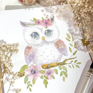 Handgeschilderde geboorteaankondiging - Roze uil in aquarelstijl voor meisjes - Gepersonaliseerd cadeau voor geboorte, doop of babyshower