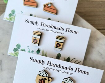 Fall Theme Stud Earrings: Pumpkin Pie, Latte & Coffee.