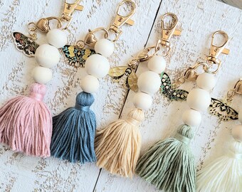 Colorful Tassel Keychain with Butterfly Charm, Wooden Bead Keychain, Boho Chic Accessories.
