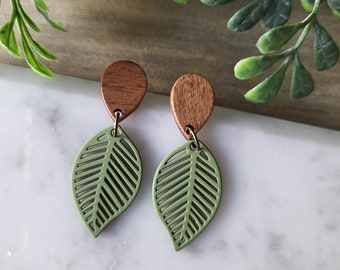 Olive Green Earrings, Leaf Earrings, Fall Earrings, Dangle Earrings, Metal leaf Earrings, Green Metal Earrings, Boho Style, Wood Earrings,