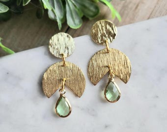 Light Green Gem Teardrop Earrings: Brushed Gold Dangle Earrings.