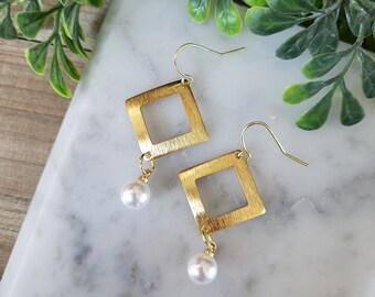 Gold Plated Earrings: Minimalist Faux Pearl Boho Jewelry.