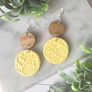 Yellow Clay Earrings, Yellow Floral Stamped Earrings, Dangle Earrings, Handmade Clay Earrings, Boho,  Gift for Mom, Gift for Friend, Cheery