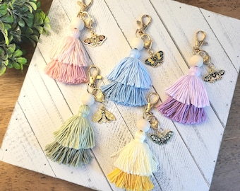 Colorful Tassel Keychain with Butterfly Charm, Boho Chic Accessories.