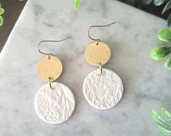 White Floral Clay Earrings: Gold Plated, Handmade Bridal Jewelry.