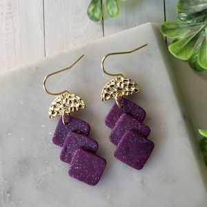 Purple Geometric Polymer Clay Earrings | Stylish Purple and Gold Arch Design | Lightweight Glitter Earrings | Unique Gift Idea