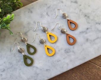 Wood Teardrop Dangle Earrings: Sterling Silver Hooks, Sun Charm.