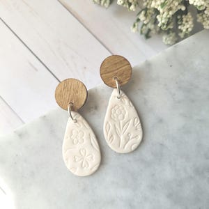 Floral Teardrop Earrings: Polymer Clay with Wood Studs. image 2