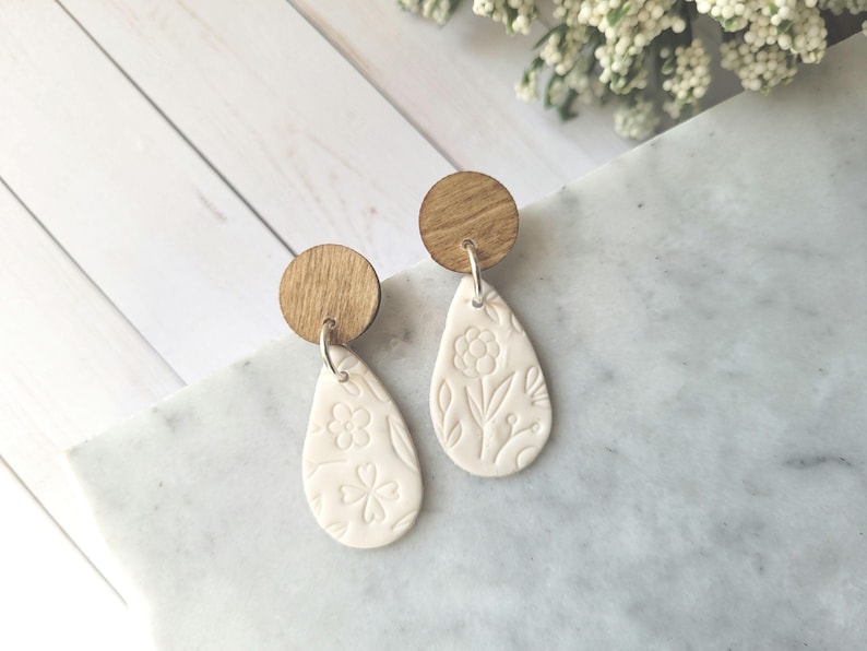 Floral Teardrop Earrings: Polymer Clay with Wood Studs. image 2