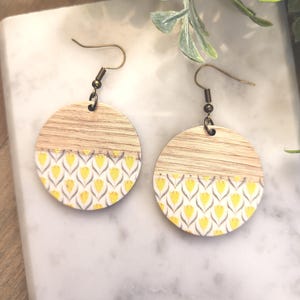 Handmade Wooden Circle Earrings: Yellow Floral Boho Style