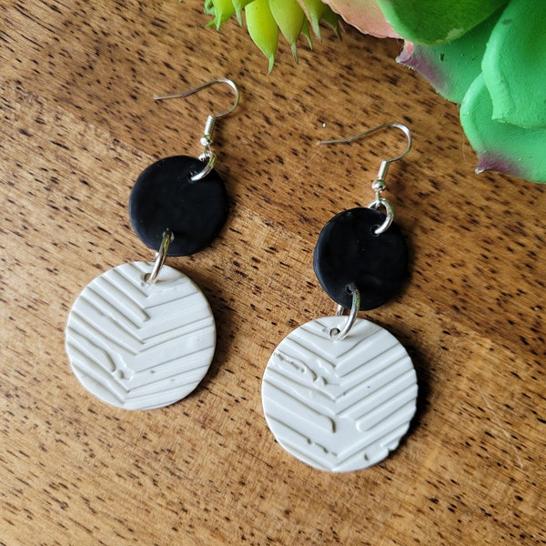 Black and White Clay Earrings: Chevron Boho Statement Earrings.
