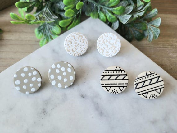 Chunky Neutral Stud Earrings – Minimalist Round Cream & Beige Jewelry