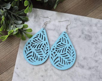 Large Wooden Teardrop Earrings, Modern Turquoise Dangle Earrings.