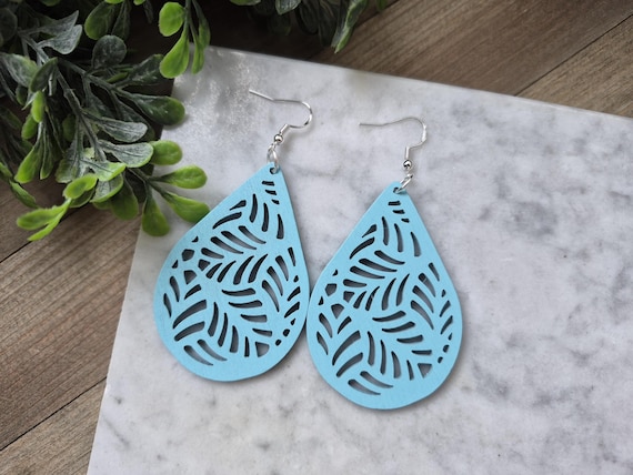 Large Wooden Teardrop Earrings, Modern Turquoise Dangle Earrings.